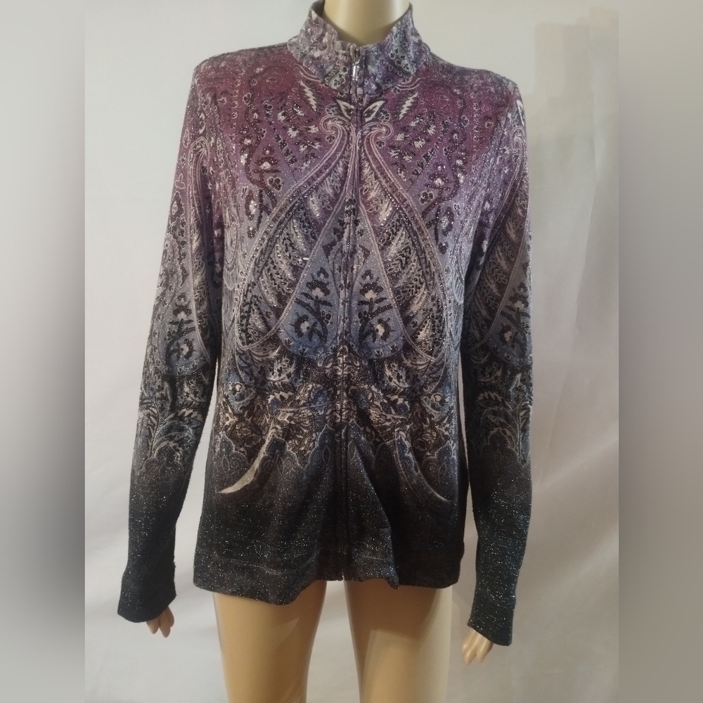 Zenergy By Chicos Size 1 Junior Purple and Black Paisley Zip Up Sweater